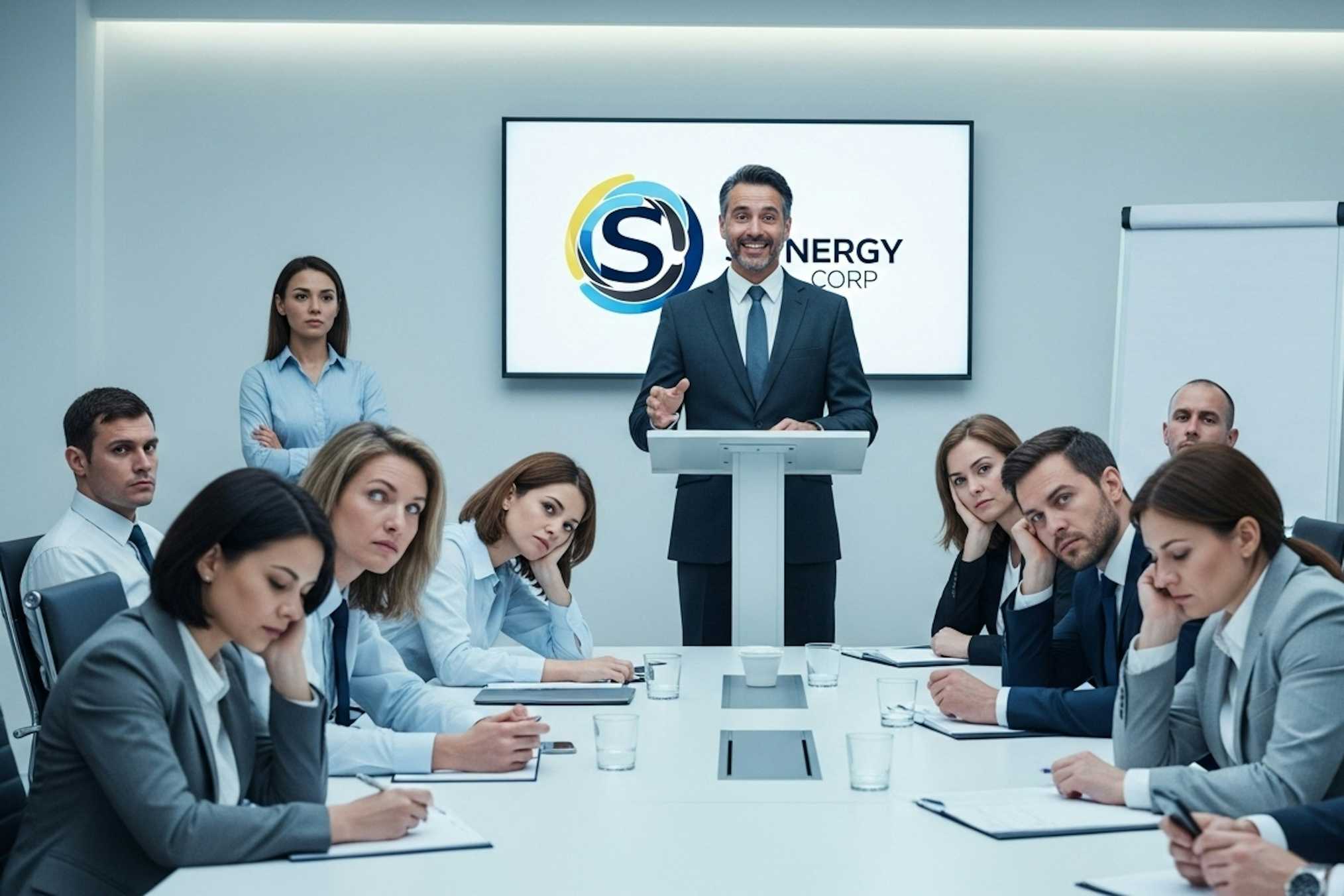 Bland company slogan ignored by employees, showing the mistake of generic EVP messaging
