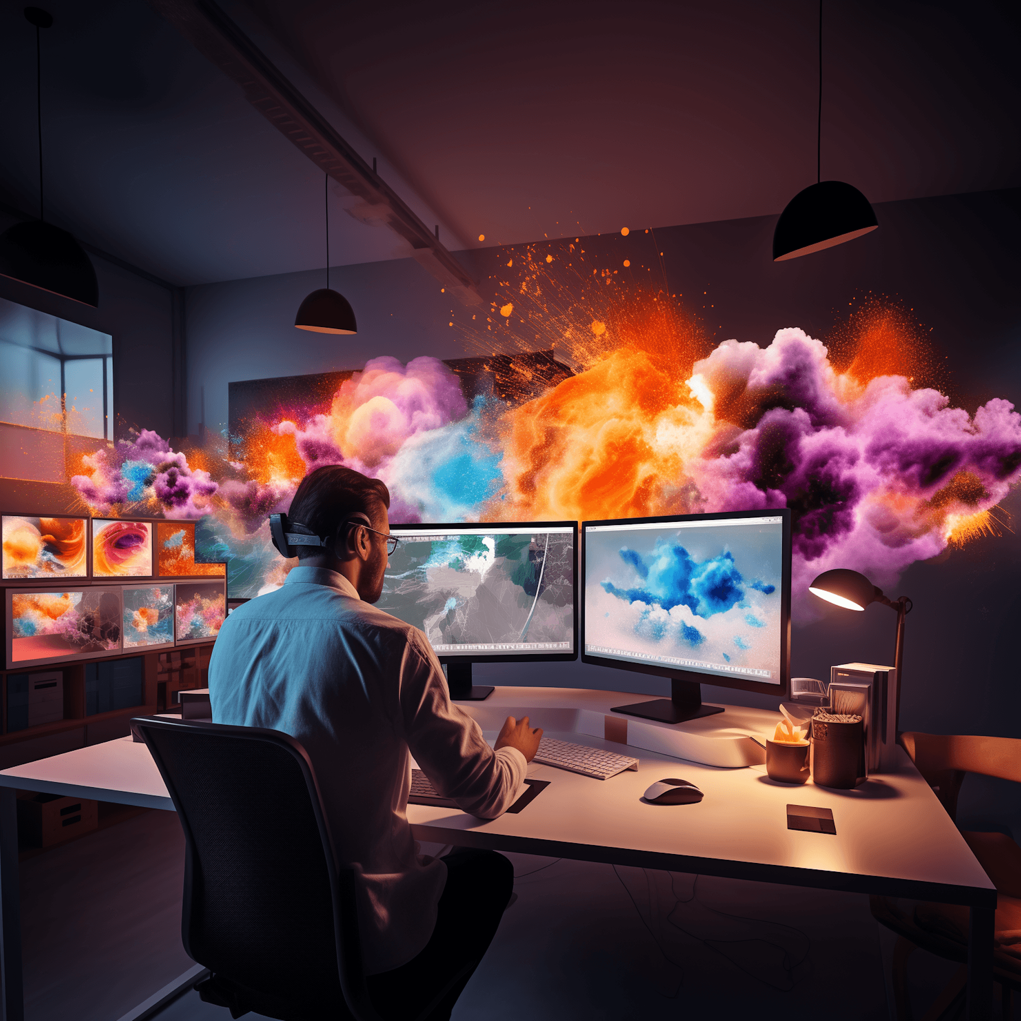 Designer working on computers with explosion of multi-colours in room