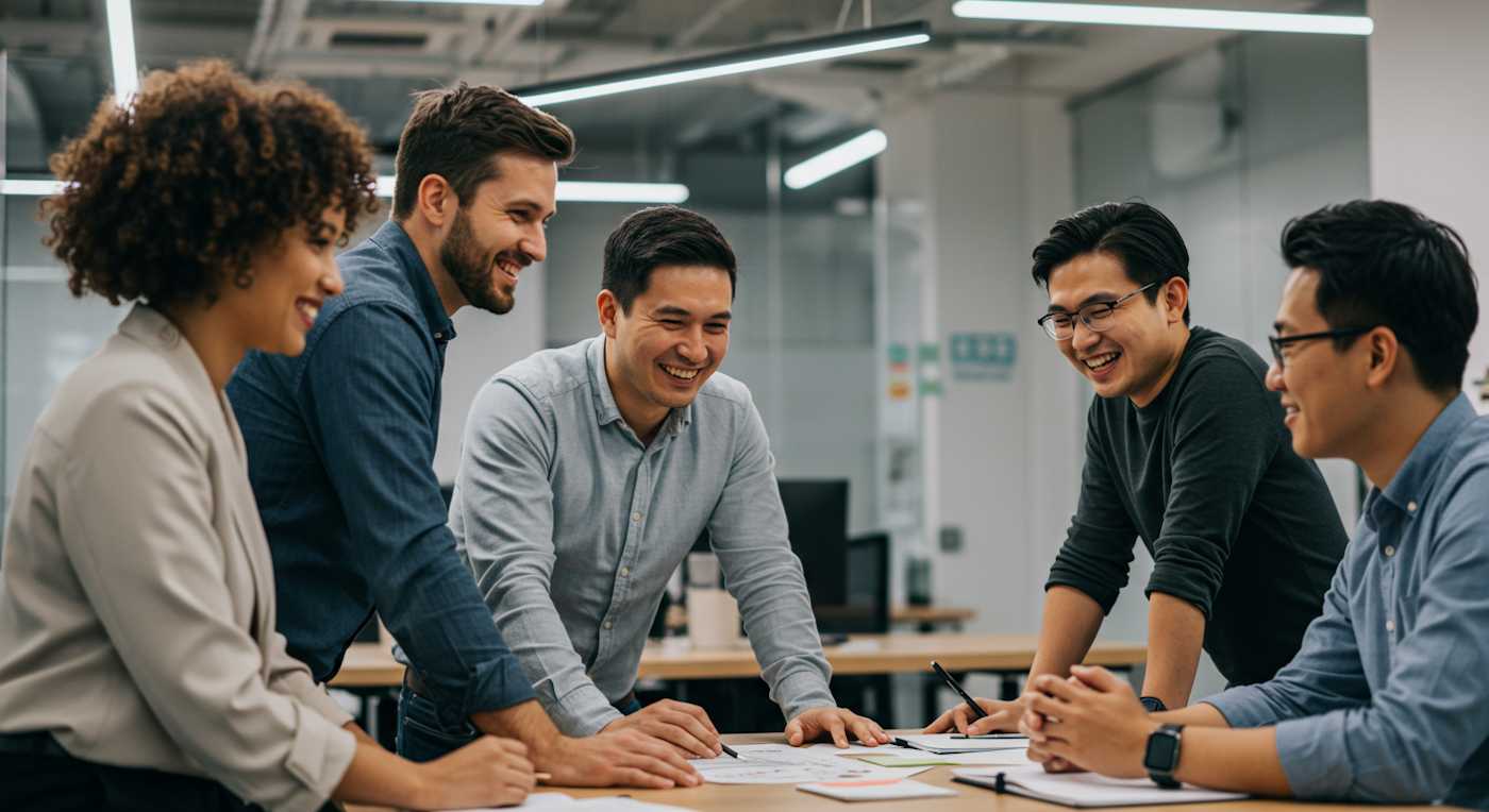 Employees collaborating naturally in a modern office, reflecting authenticity and trust in employer branding.
