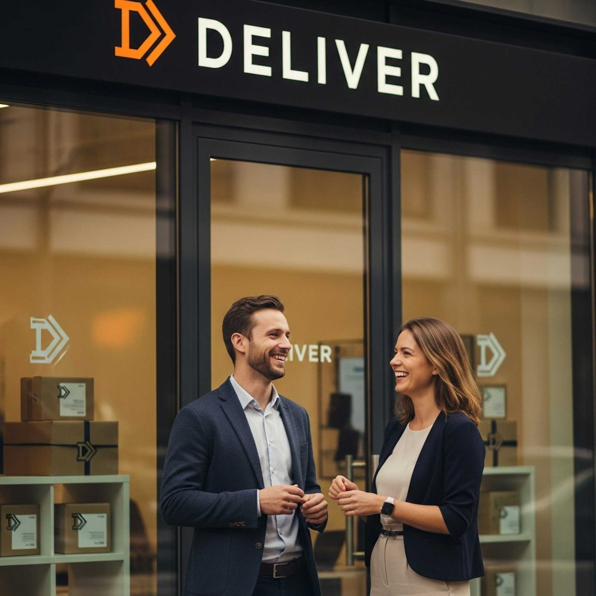 Two employees standing outside a small business, interacting naturally, symbolising corporate branding and trust.