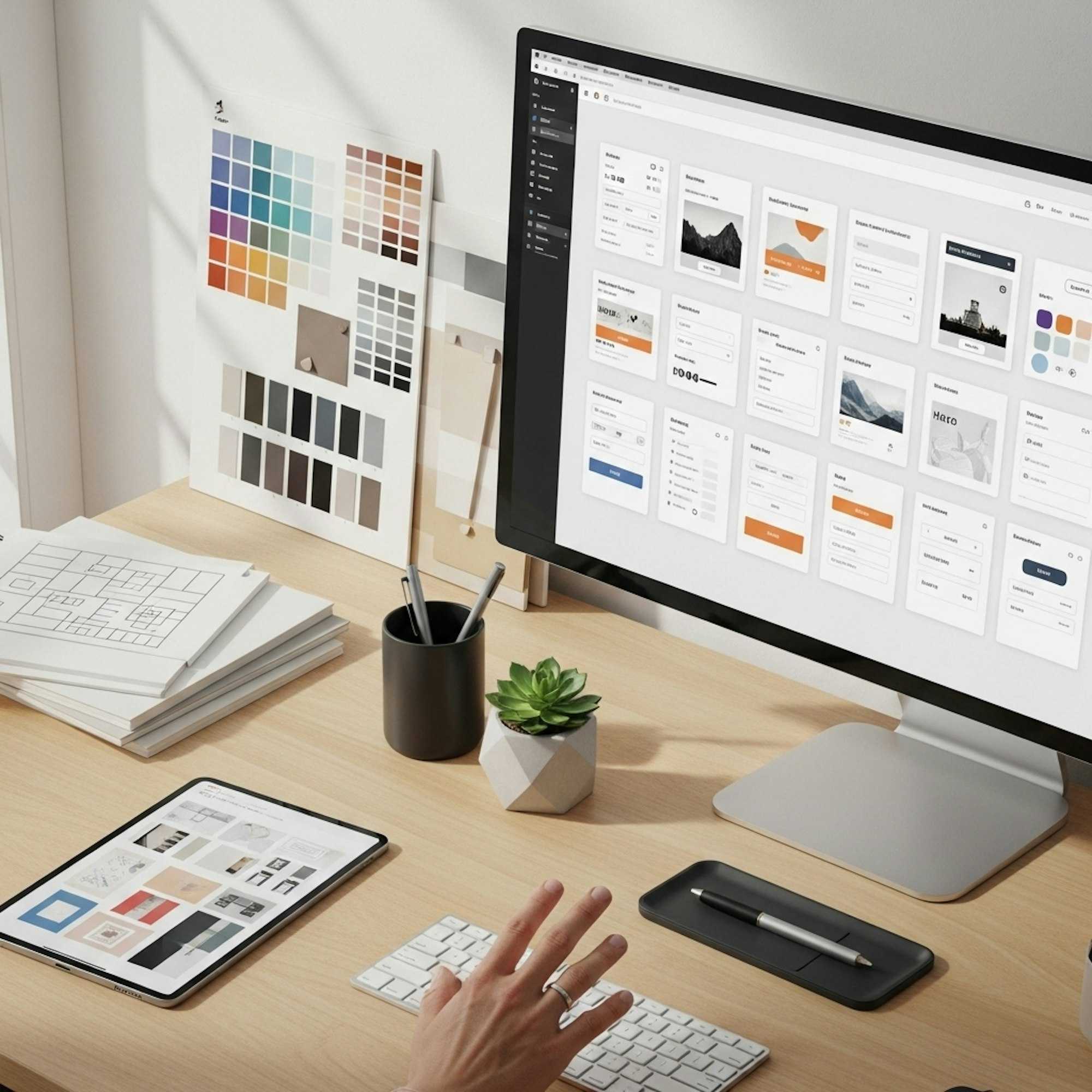 A designer adjusting modular templates on a screen, symbolising flexible systems that enable creative agility.
