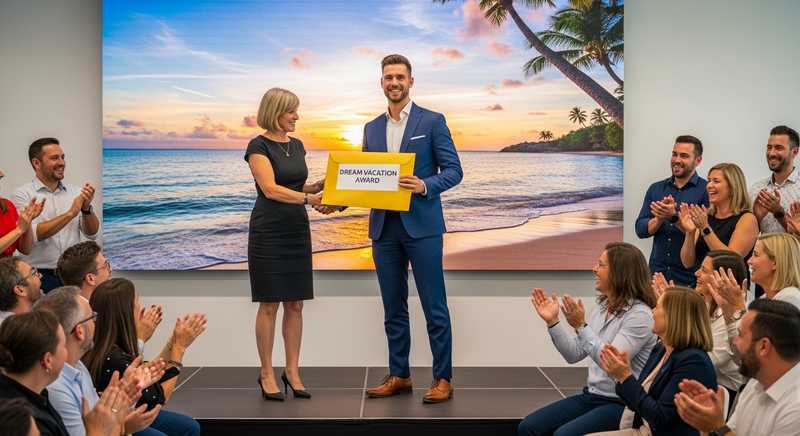 An employee being rewarded a dream vacation trip