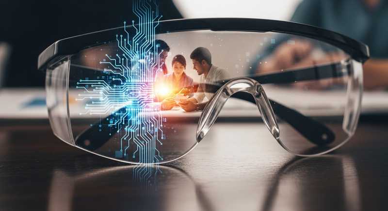 Close-up of safety glasses reflecting a collaborative team, representing the perspective of leadership in shaping culture.