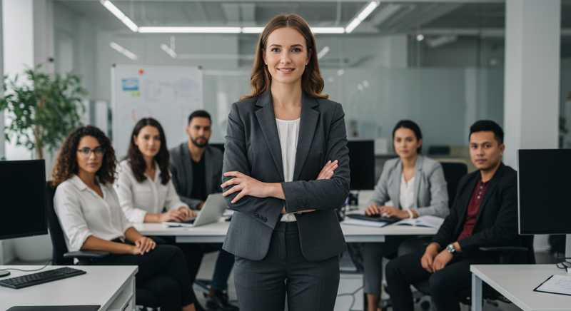 CEO standing with a diverse team in a modern office, symbolising leadership, belonging, and the strategic impact of employer branding.