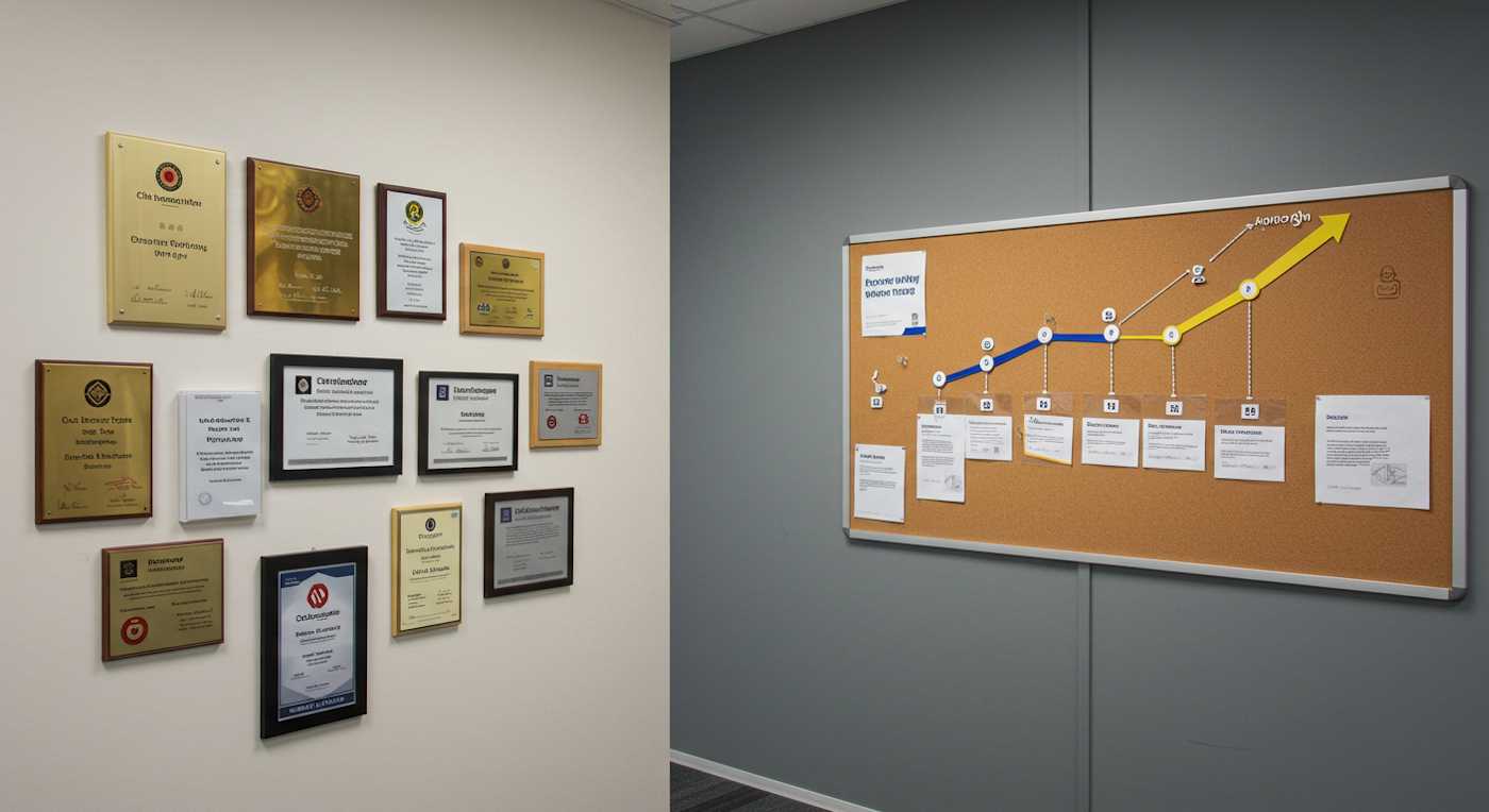Office wall with awards and recognition plaques building year by year, symbolising consistent employer branding.