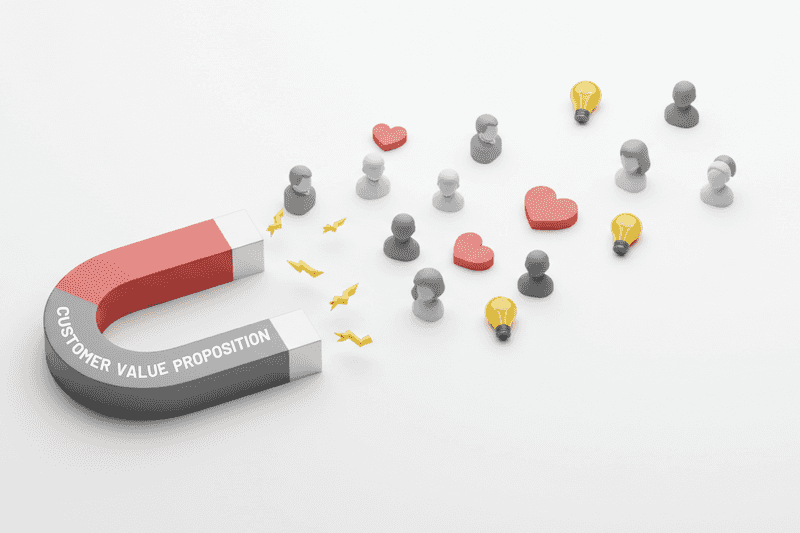 A conceptual magnet attracting icons of people and ideas, representing how a clear CVP draws in the right audience and engagement.