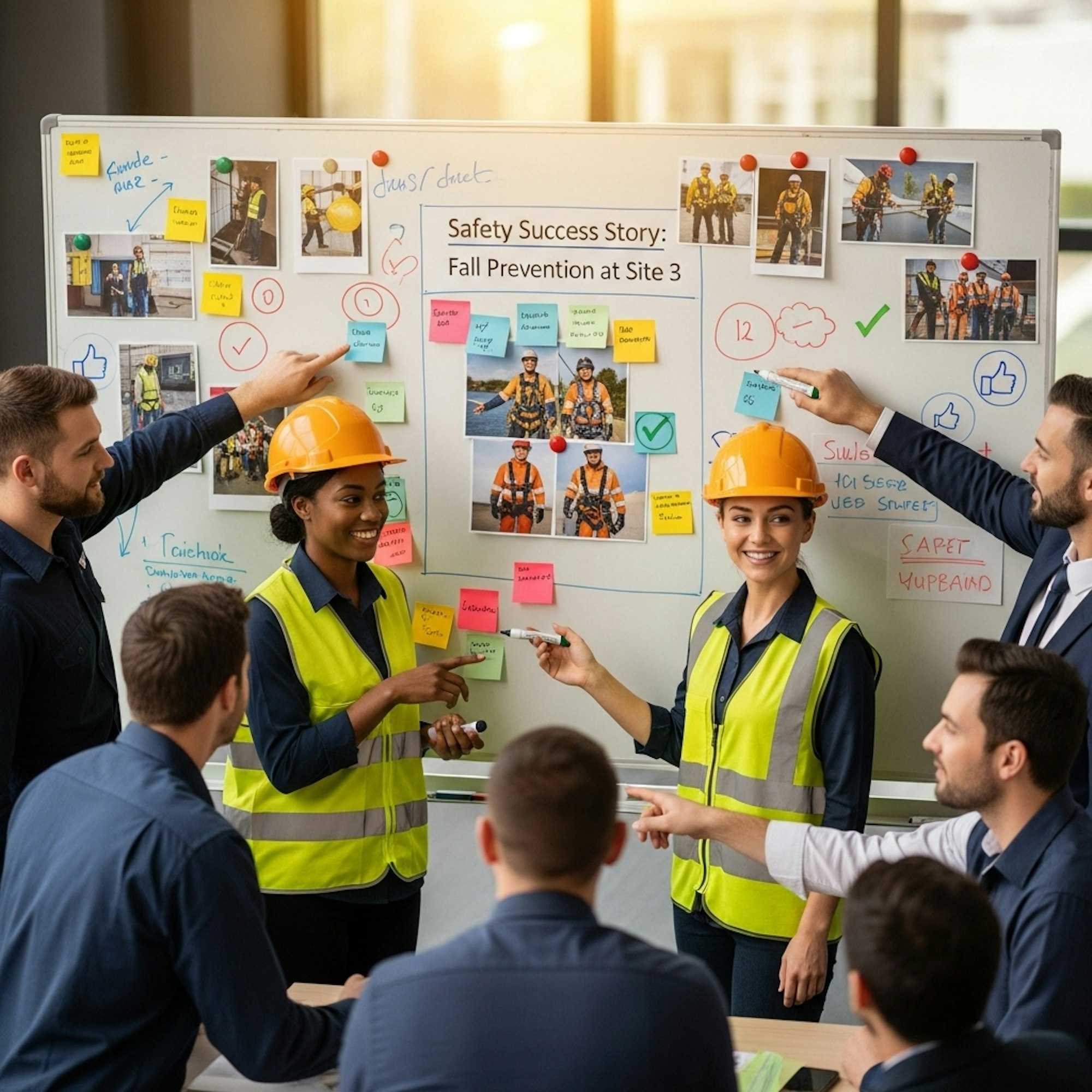 Employees collaborating around a whiteboard, discussing real safety improvements as part of daily culture.