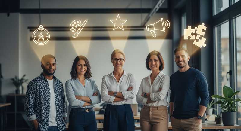 A female business owner stands with three diverse employees in a modern office, with five symbolic icons — compass, paintbrush, megaphone, star, and two puzzle pieces — softly glowing above them, representing purpose, visual identity, voice, reputation, and culture.