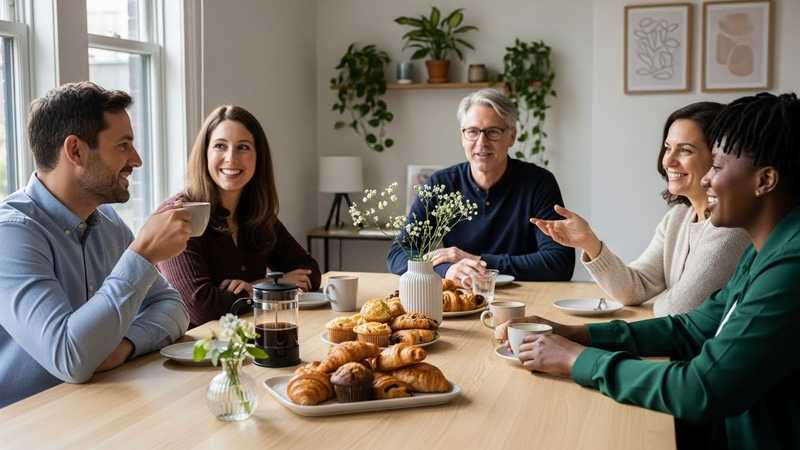 Five people gathered around a breakfast table, enjoying coffee and pastries, representing a welcoming team ritual and fostering belonging.