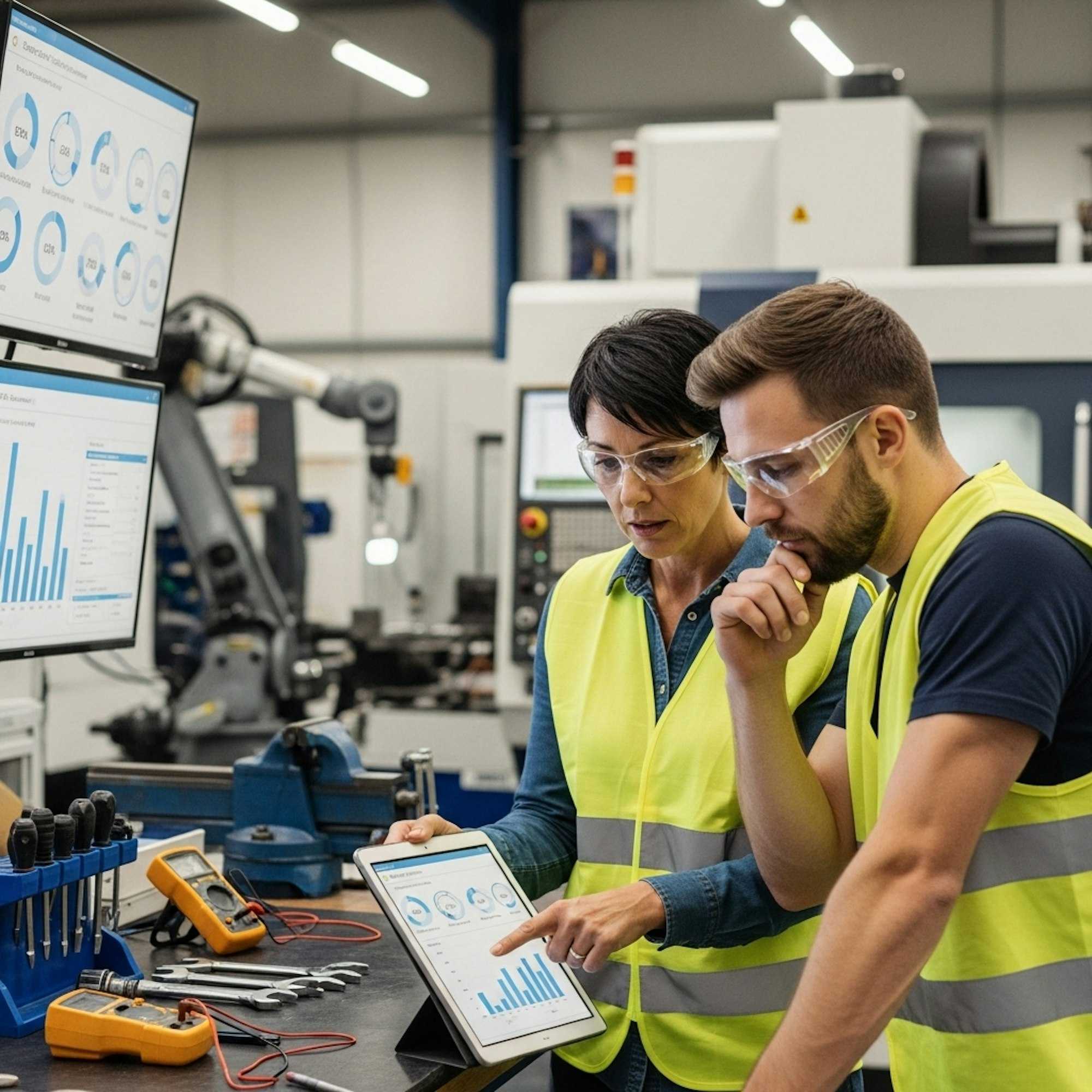 Supervisor and employee reviewing safety data together, illustrating collaboration and belief-driven safety culture.
