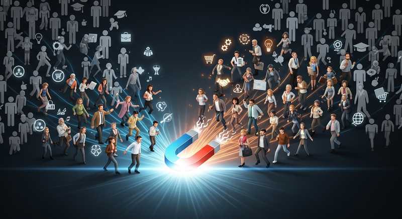 A magnet pulling in people and icons, symbolising brand belonging and attraction, with generic icons left behind.