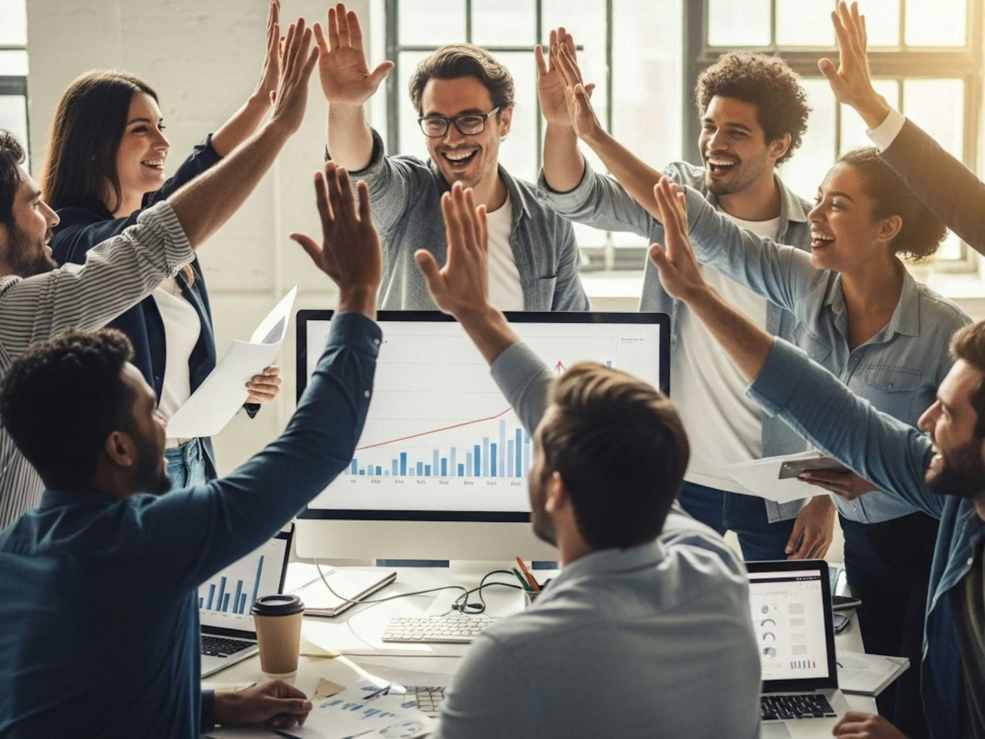 Diverse team high-fiving and celebrating together in an office, symbolising how belonging drives performance.