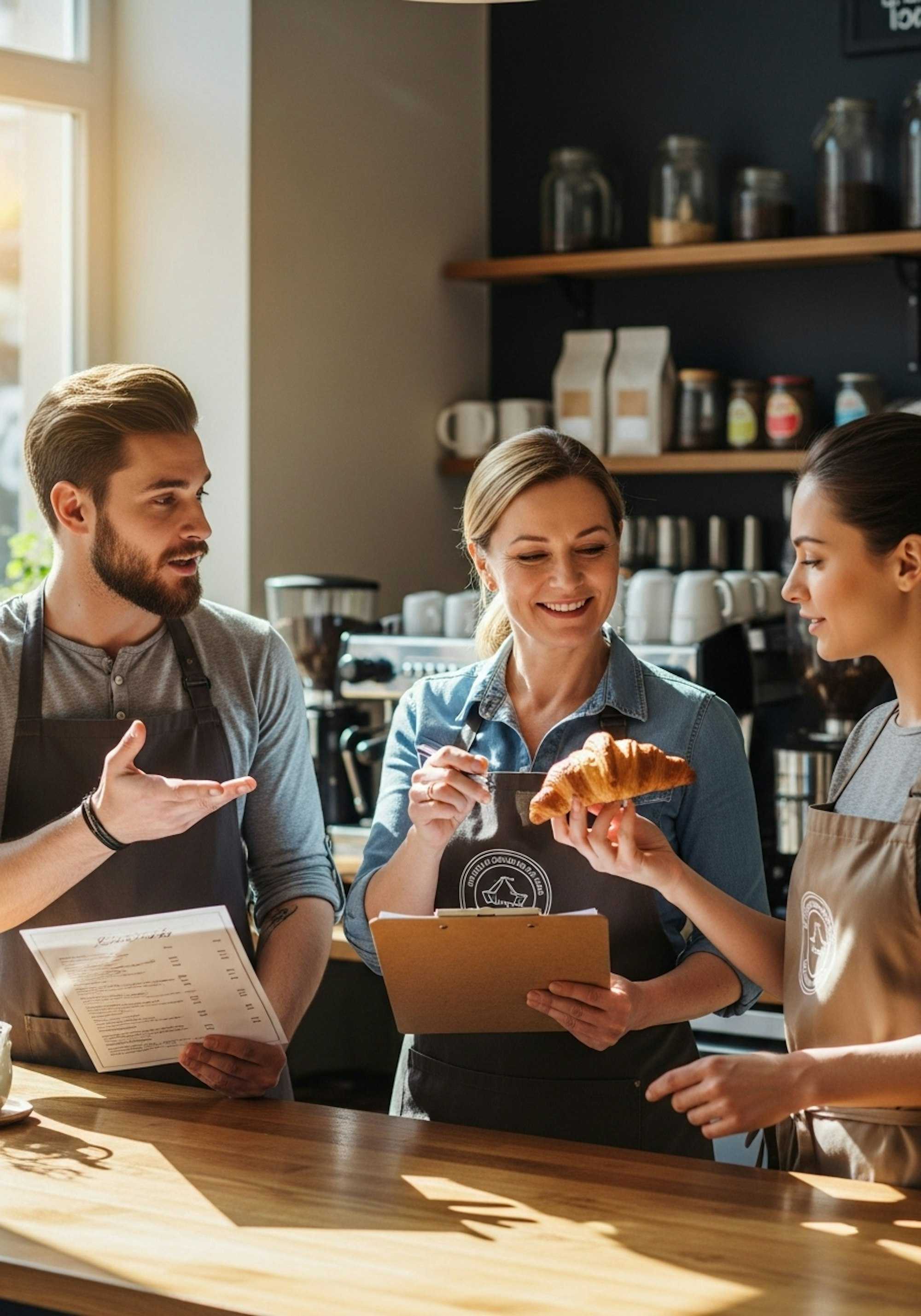 A café team discussing ideas together, symbolising keeping a brand’s value proposition adaptable and relevant.