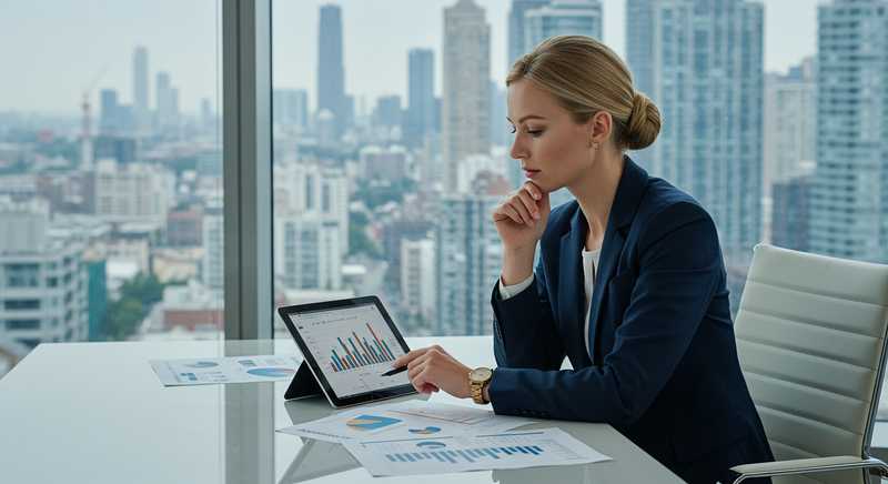 CEO reviewing data on a tablet in a high-rise office, representing employer branding as a business strategy.