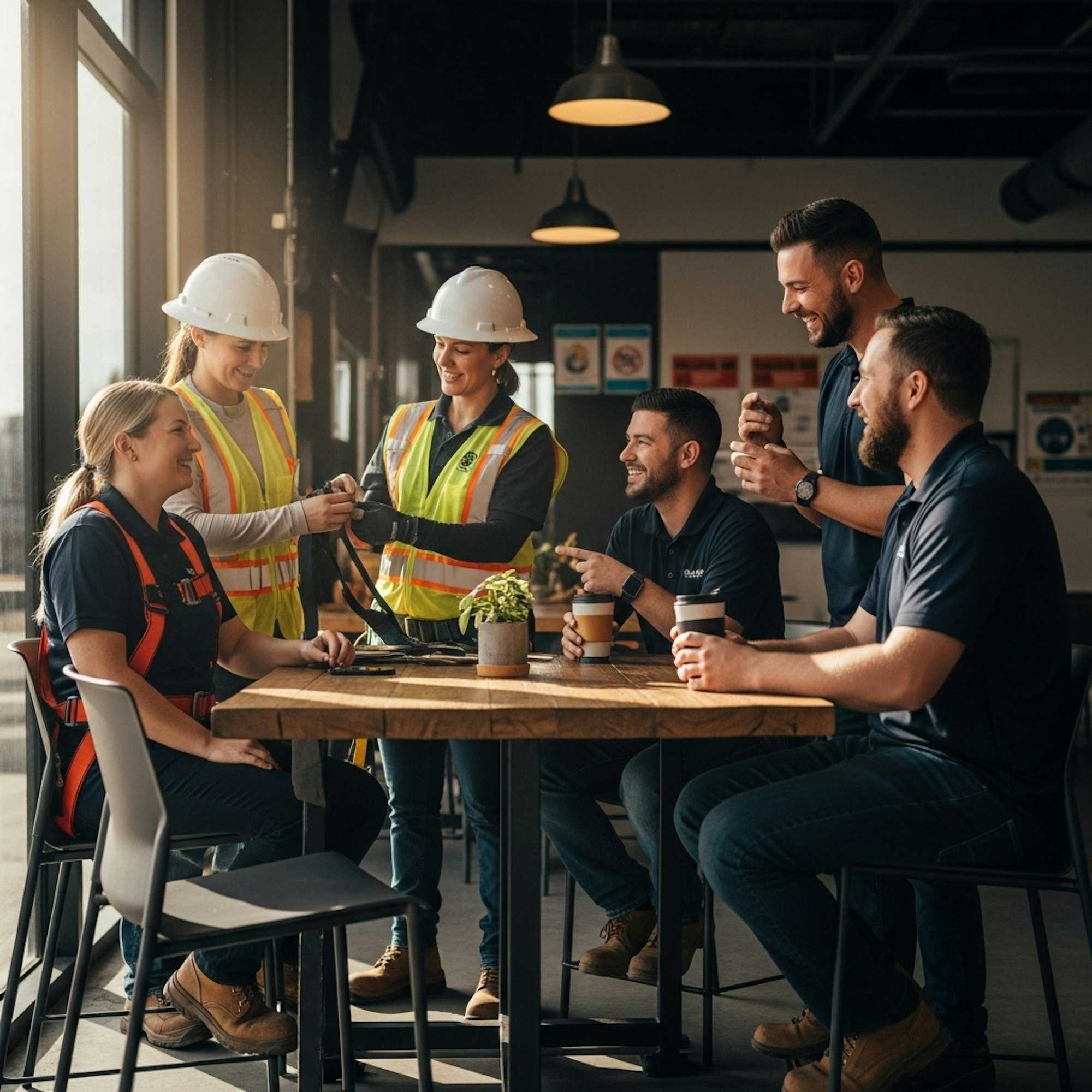 Team members supporting and checking each other’s safety gear, representing belonging and mutual care in the workplace.