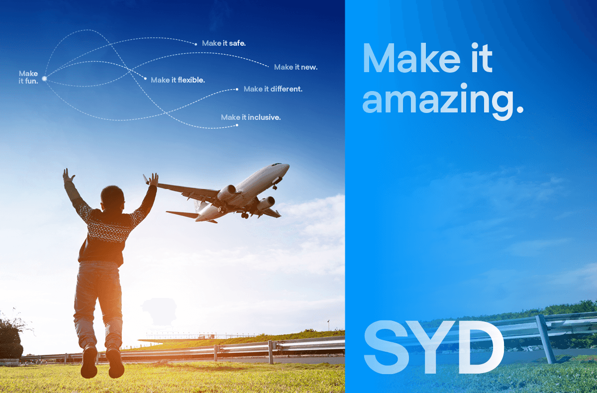 Boy jumping in the air with a plane flying overhead. Copy reads 'Make it amazing'.