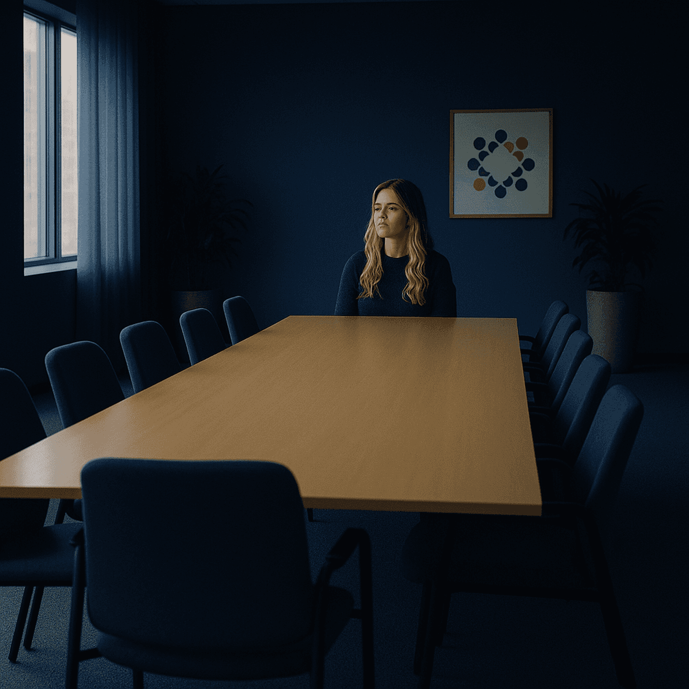 Woman with long blonde hair sitting at a table for 12 feeling lonely. 