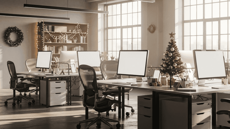 Empty office during Christmas slowdown, computers off, peaceful atmosphere.