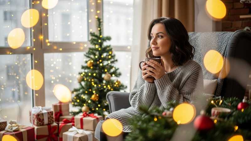 person sitting by a sunlit window inside a home, holding a steaming cup of coffee, surrounded by subtle Christmas decorations like a small tree or string lights, cozy and calm atmosphere, soft warm light emphasizing pause and reflection.