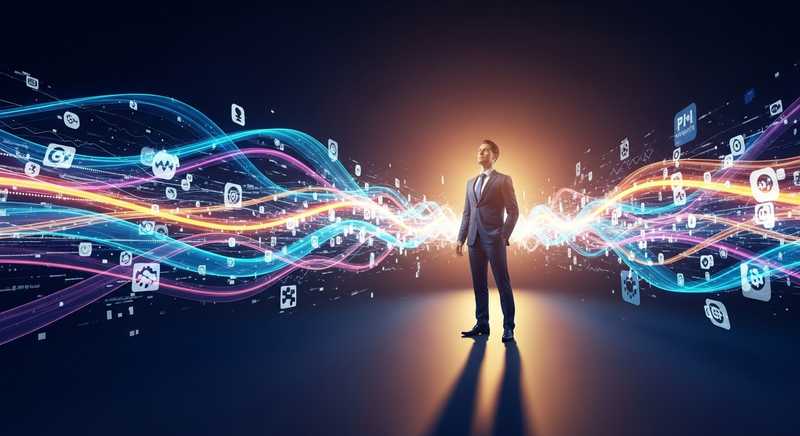 Abstract representation of a Brand Manager standing calmly amid swirling motion and digital elements, symbolising agility and clarity during constant change.