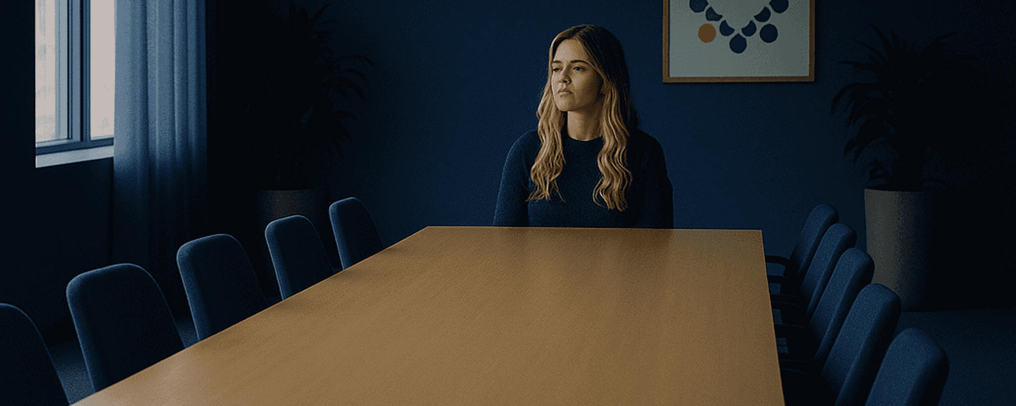 Woman with long blonde hair sitting at a table for 12 feeling lonely. 
