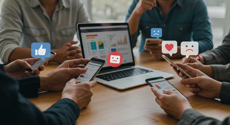 Diverse people interacting with a brand across digital devices, with speech bubbles showing positive and negative emotions, symbolising real-time customer sentiment.