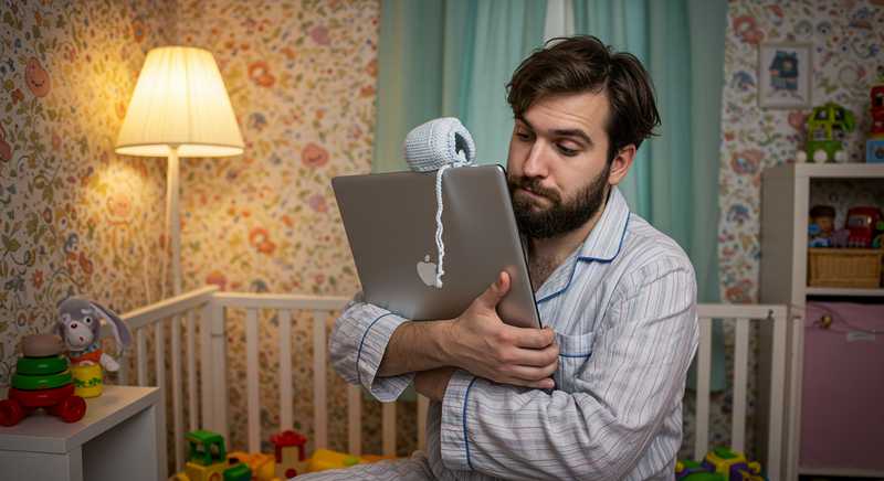 an hugging a laptop like a baby