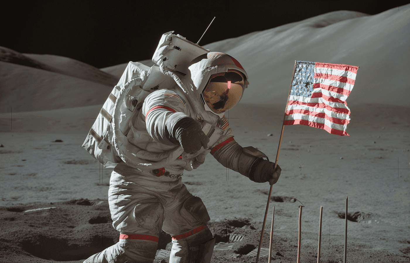 Astronaut planting American flag on moon