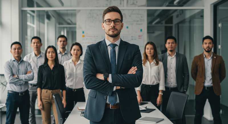 CEO standing with a diverse team in a modern office, symbolising leadership, belonging, and the strategic impact of employer branding.