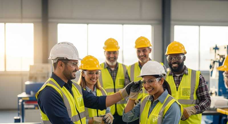 Diverse workers showing teamwork and care while preparing safely in a modern industrial workspace.