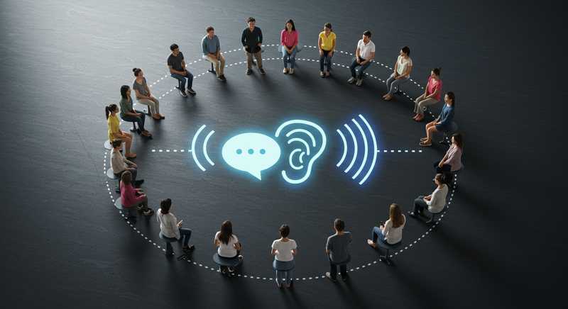 Illustration of diverse people forming a circle with soundwaves and a central speech bubble, representing collaborative employee listening.