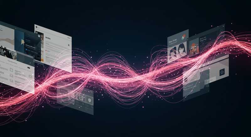 An abstract glowing thread weaving through various content pieces, symbolising how a CVP brings clarity and connection