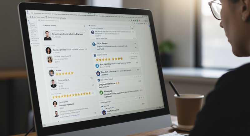 Screen showing Google Alerts and online customer reviews with ratings and feedback, used to track real-time brand sentiment.