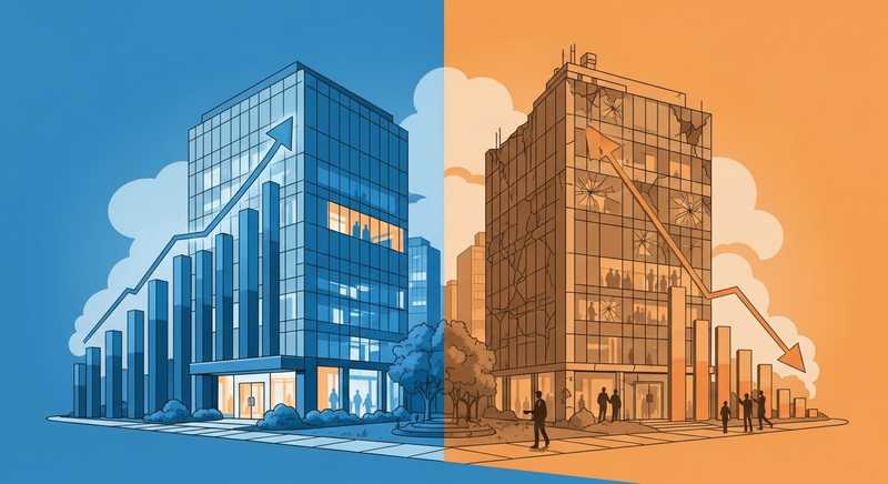 Illustration of two diverging business paths, one showing brand-driven growth and the other decline from ignoring branding.