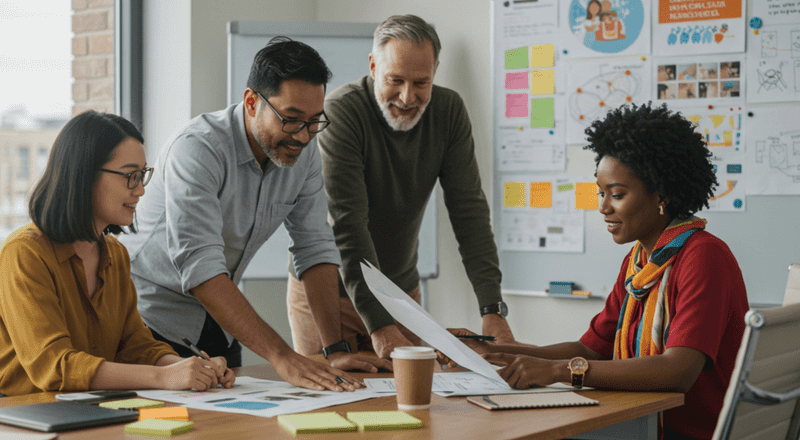 Employees discussing for an ad