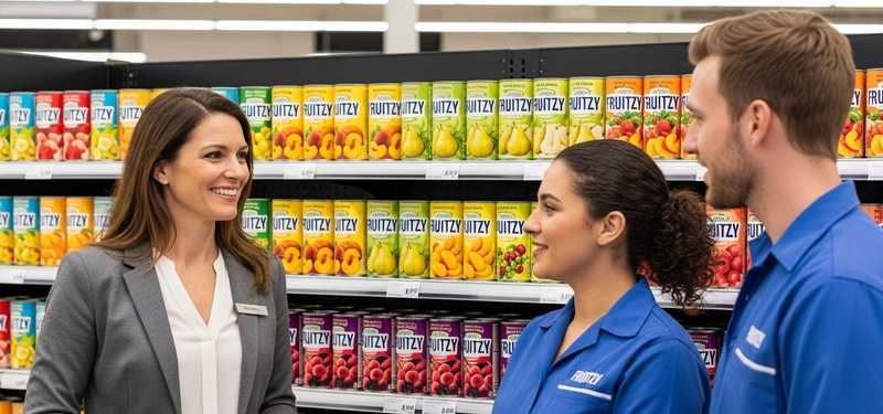 A manager talking with her team for product placement in a grocery store