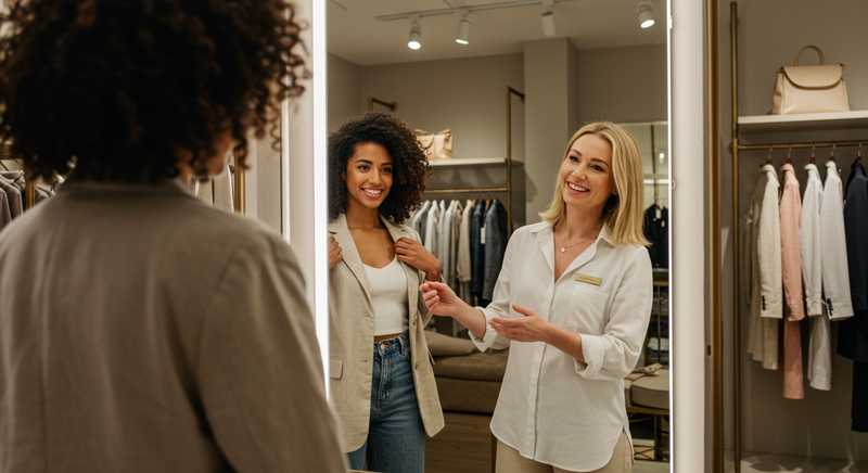 Person trying a product and visibly feeling confident while a staff member offers encouragement.