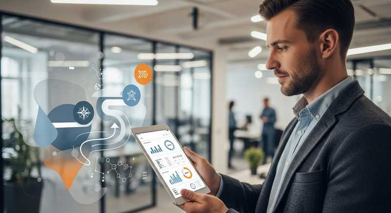 Marketing manager using a tablet with a digital compass overlay, representing staying aligned with brand direction.