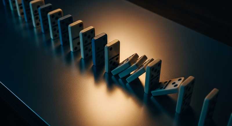 A series of dominoes, with some falling and some carefully aligned, photographed from above
