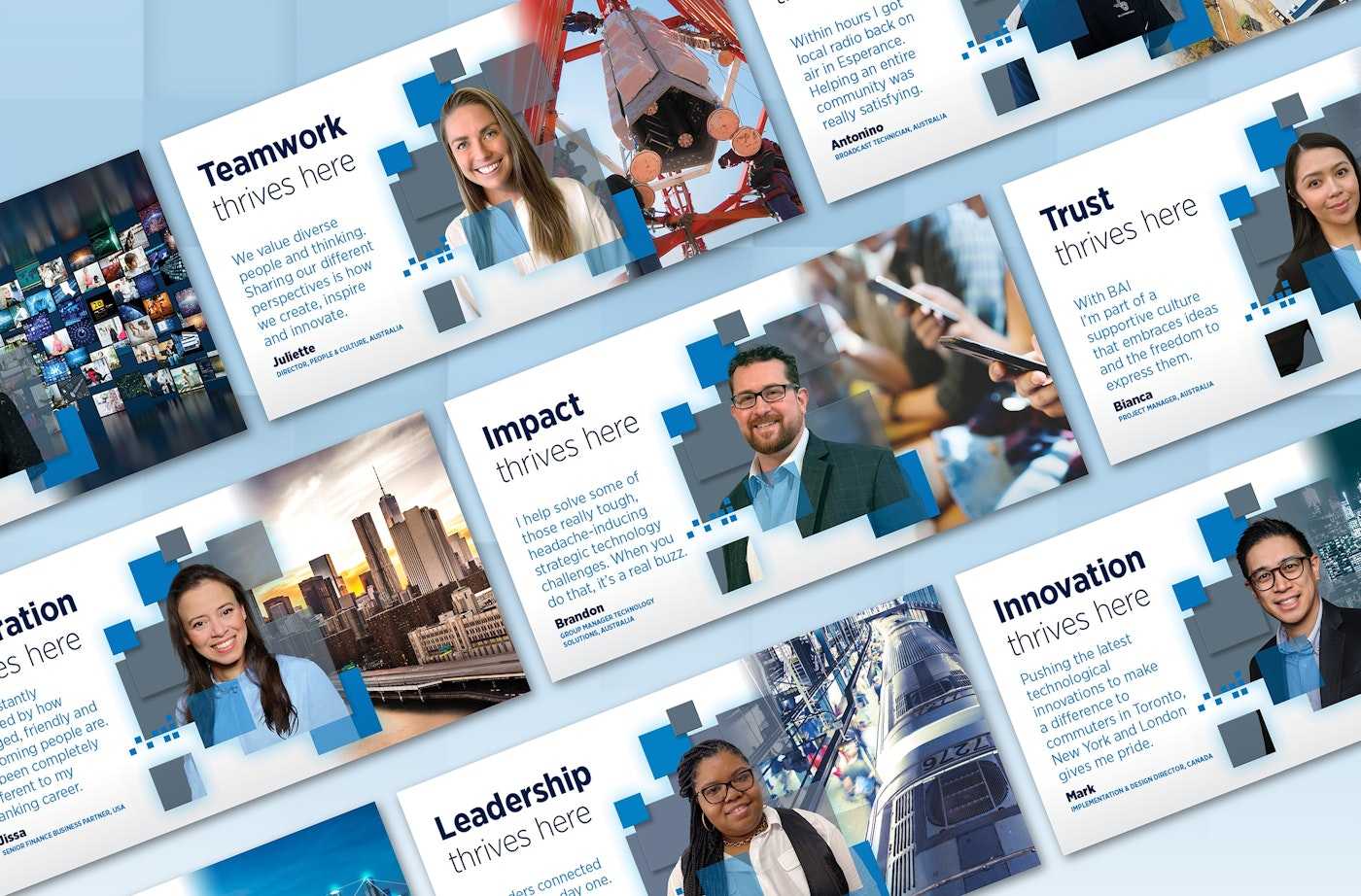BAI Communications collage showcasing teamwork, trust, impact, innovation, and leadership in employer branding  - Belong Creative