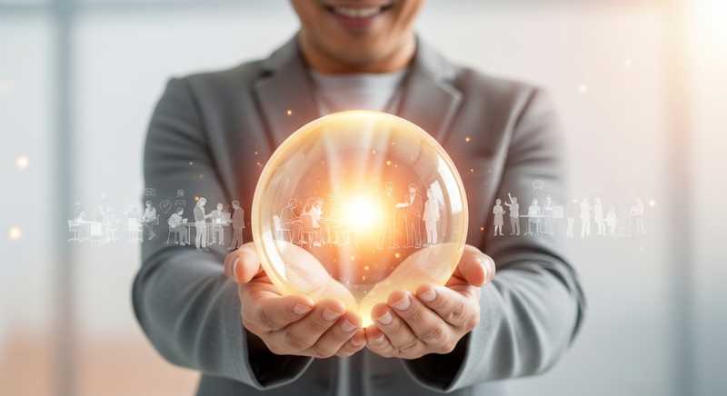 Business owner holding a glowing brand orb reflecting team and community, representing trust and belonging.
