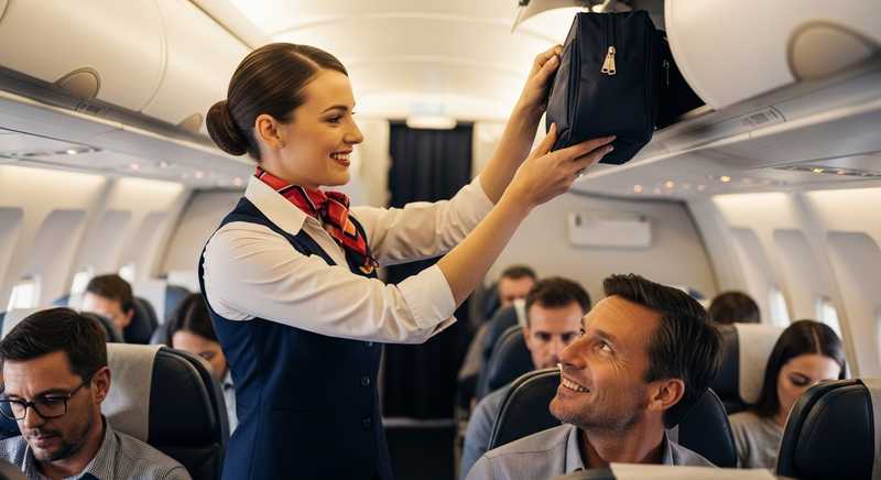 Flight attendant assisting a passenger in a calm, friendly cabin setting, representing care and connection in travel.
