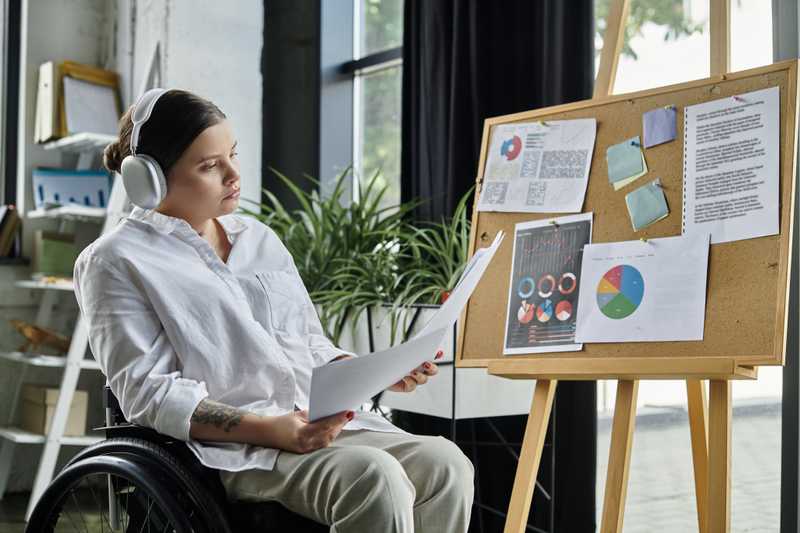 Young woman in wheelchair wearing large headphones contemplating a board full of different designs