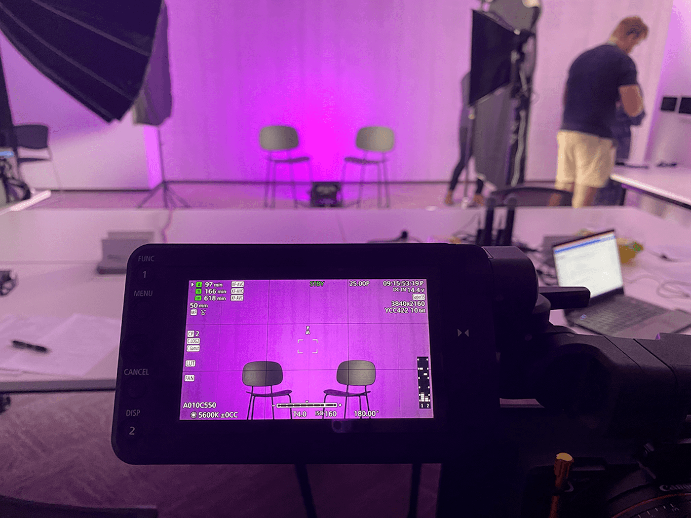 Film studio with purple lighting