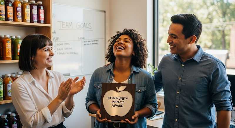 Small business team celebrating recognition and strong reputation with happy expressions.