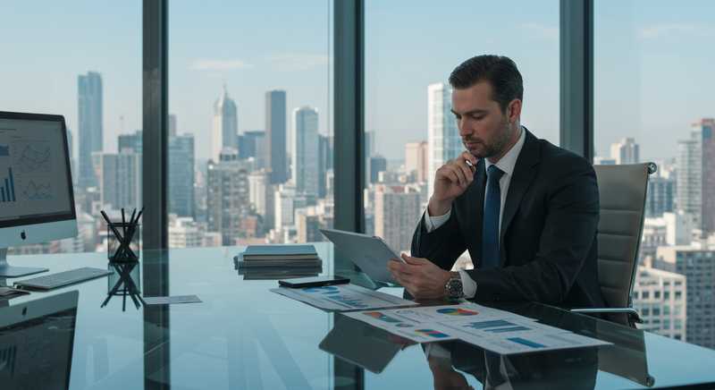 CEO reviewing data on a tablet in a high-rise office, representing employer branding as a business strategy.