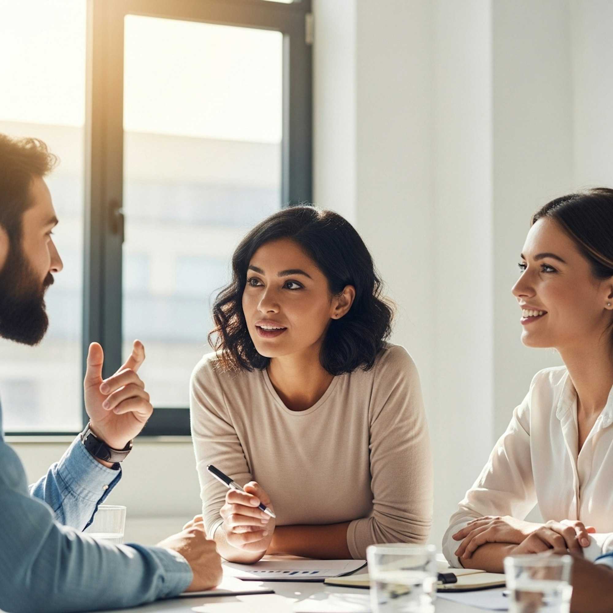 A diverse team engaged in conversation, with one person listening attentively, symbolising brands responding through understanding.