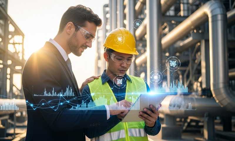 Business leader and worker reviewing safety data together on-site, showing trust and connection in a technology-driven environment.