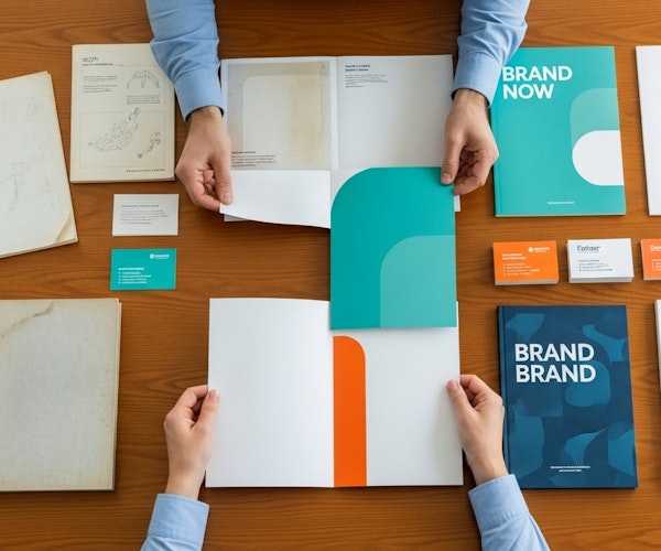 Marketing professional replacing old brand collateral with newly designed materials, representing a brand refresh.