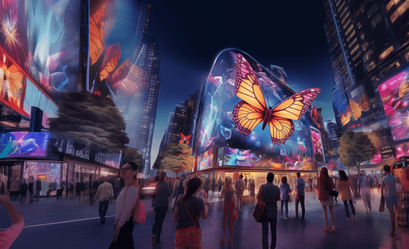 City scene at night with many people looking up at a digital billboard with a butterfly emerging from it.